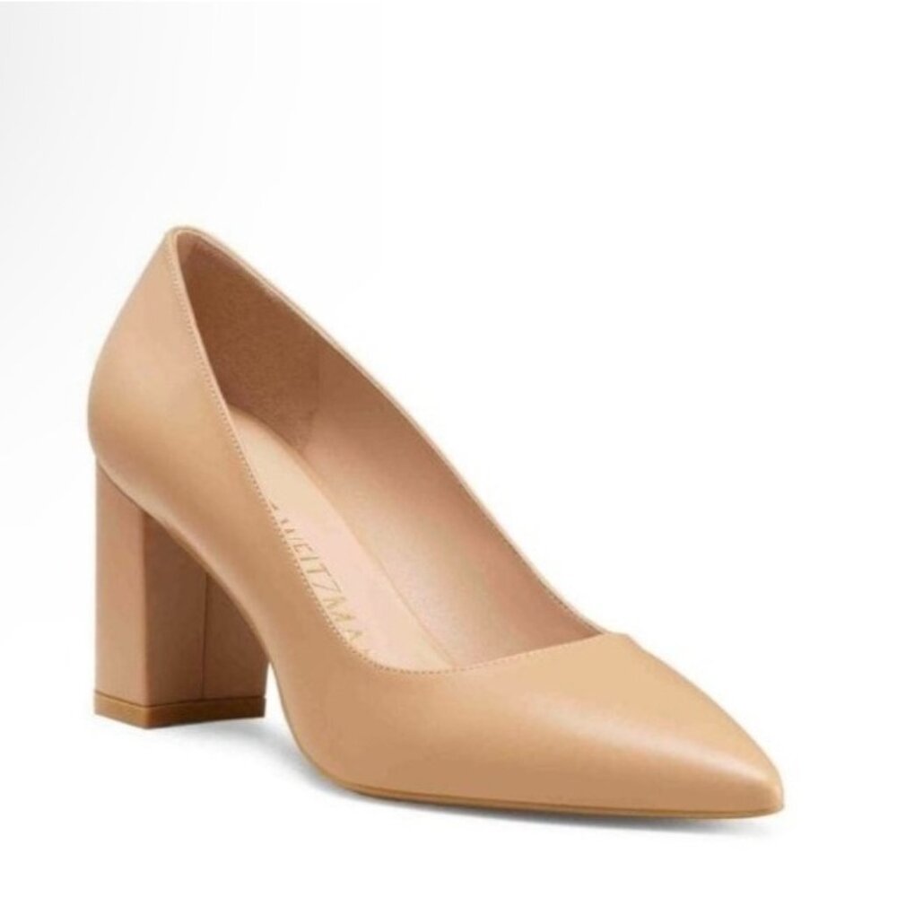 Stuart Weitzman SIze 8.5 Linsi 77MM Block Heel Leather Pumps NWOB.